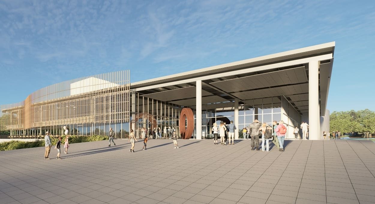 Ilustração do anteprojeto da fachada do novo Centro de Recepção de Visitantes da Itaipu, com pessoas na praça em frente à entrada