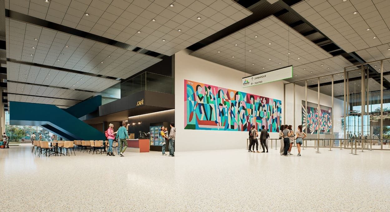 Ilustração do anteprojeto do saguão do novo Centro de Visitantes da Itaipu, com café, painel colorido e placa indicando embarque e teatro