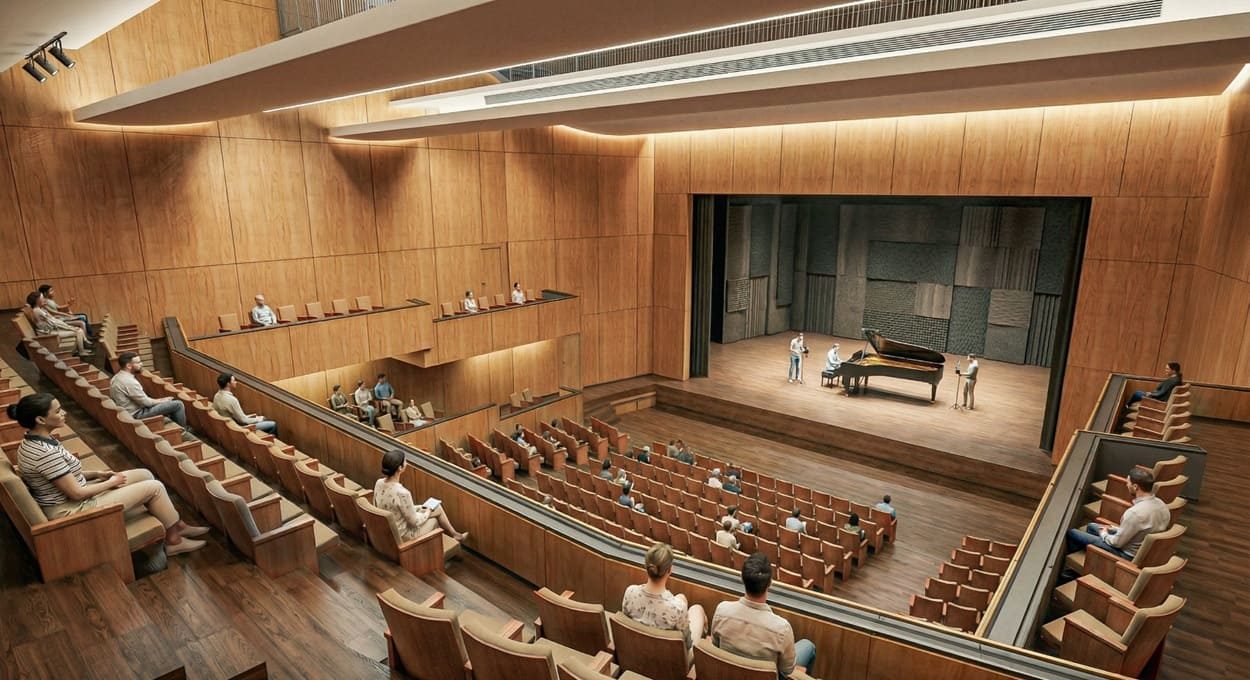 Ilustração do anteprojeto do teatro de 500 lugares do novo Centro de Visitantes da Itaipu, com plateia, balcões e palco com piano
